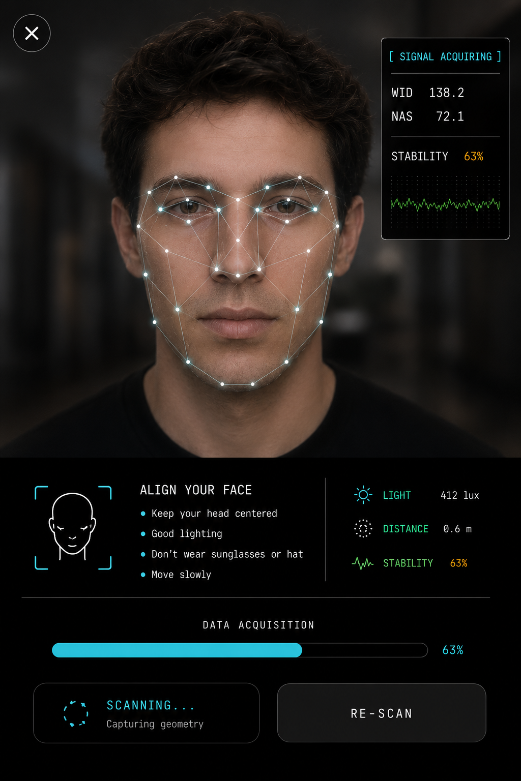 Illustrative face scanning interface with facial geometry overlay