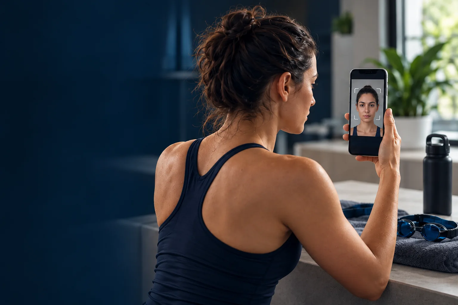 Concept illustration of an adult using an iPhone facing her uncovered face, with goggles on the table.
